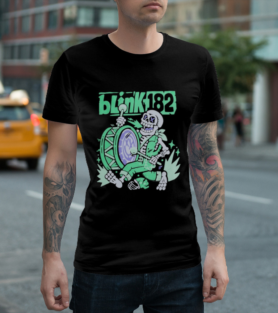 Blink 182 Skeleton Drum Art With Playful Percussion T-Shirt