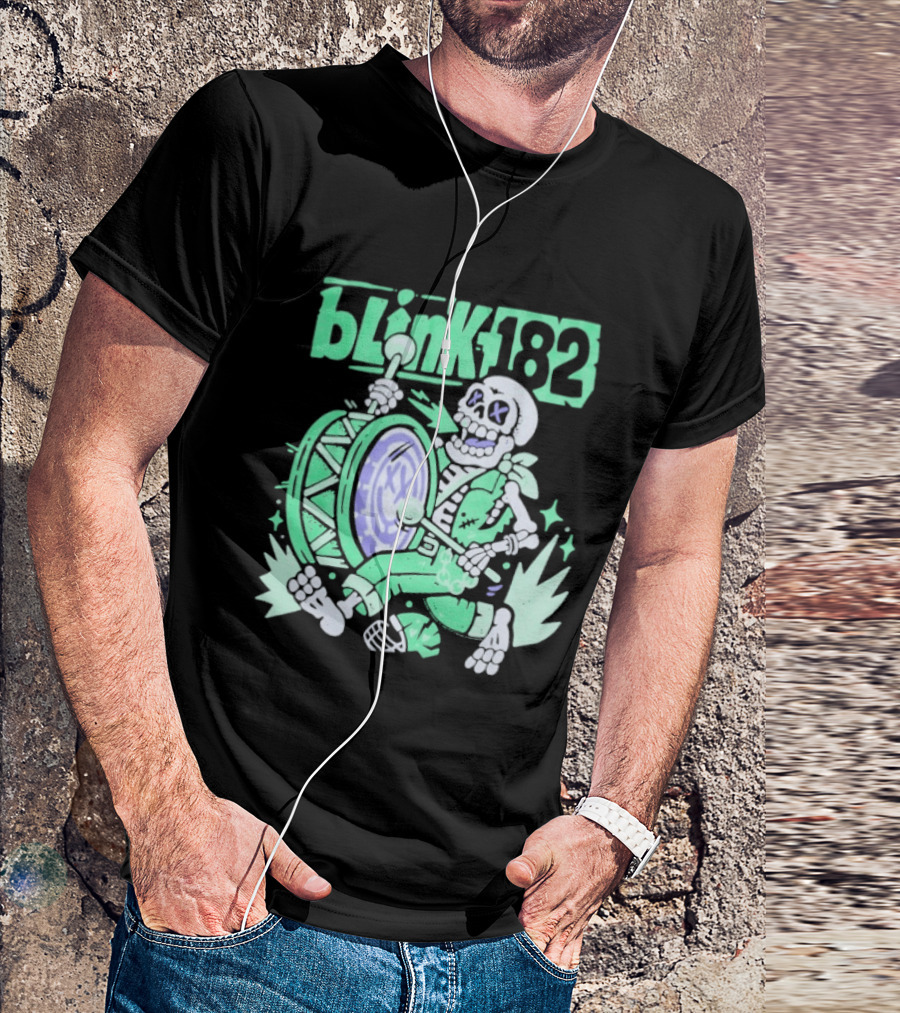 Blink 182 Skeleton Drum Art With Playful Percussion T-Shirt