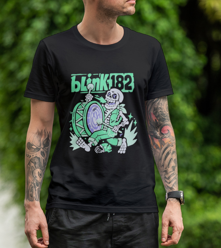 Blink 182 Skeleton Drum Art With Playful Percussion T-Shirt