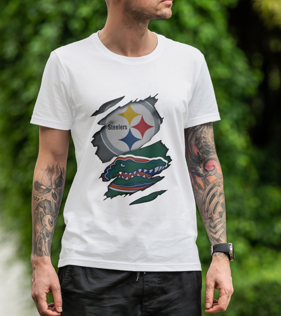 Pittsburgh Steelers Florida Gators Ripped Skin Effect Logos T-Shirt