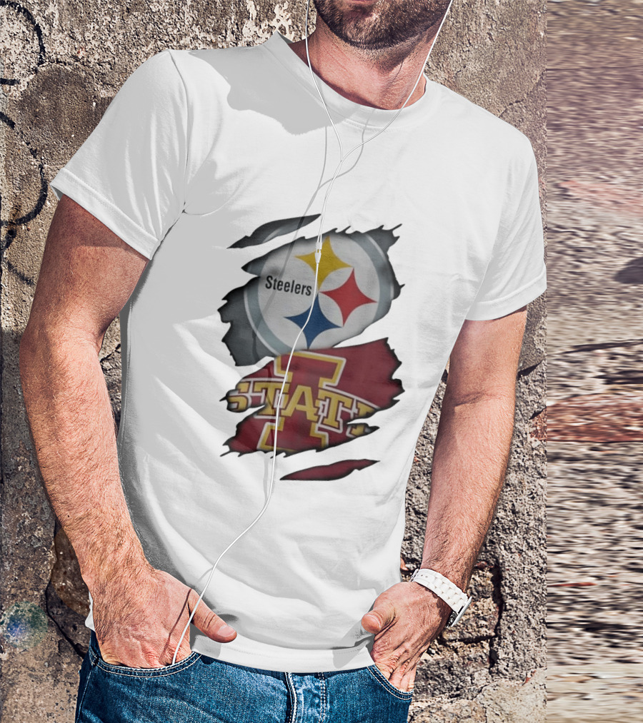 Pittsburgh Steelers Iowa State Cyclones Ripped Fabric Football Fandom Fusion T-Shirt