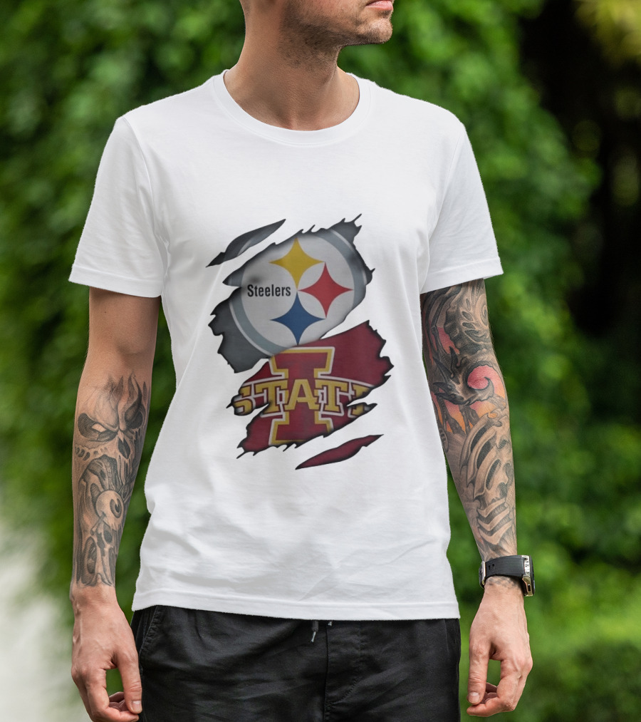 Pittsburgh Steelers Iowa State Cyclones Ripped Fabric Football Fandom Fusion T-Shirt