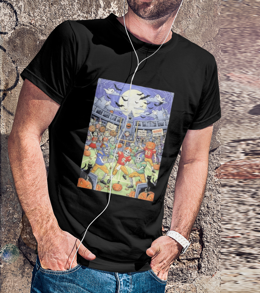 American Football Skeleton Players Halloween Spooky Stadium Night Pumpkins Ghosts Bats T-Shirt