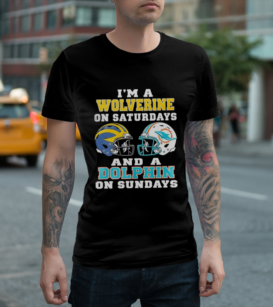 I'm A Wolverine On Saturdays And A Dolphin On Sundays Football Helmets T-Shirt