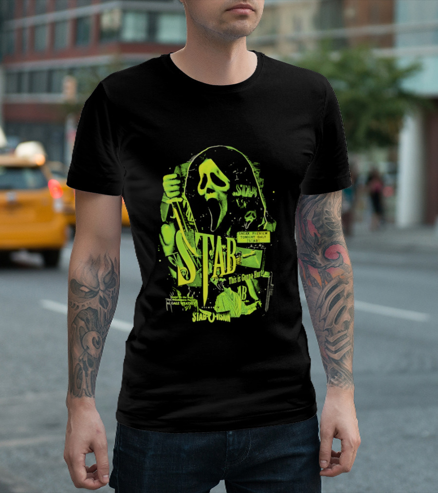 Ghostface Stab O Vision Horror Movie Mask Knife Graphic Neon T-Shirt