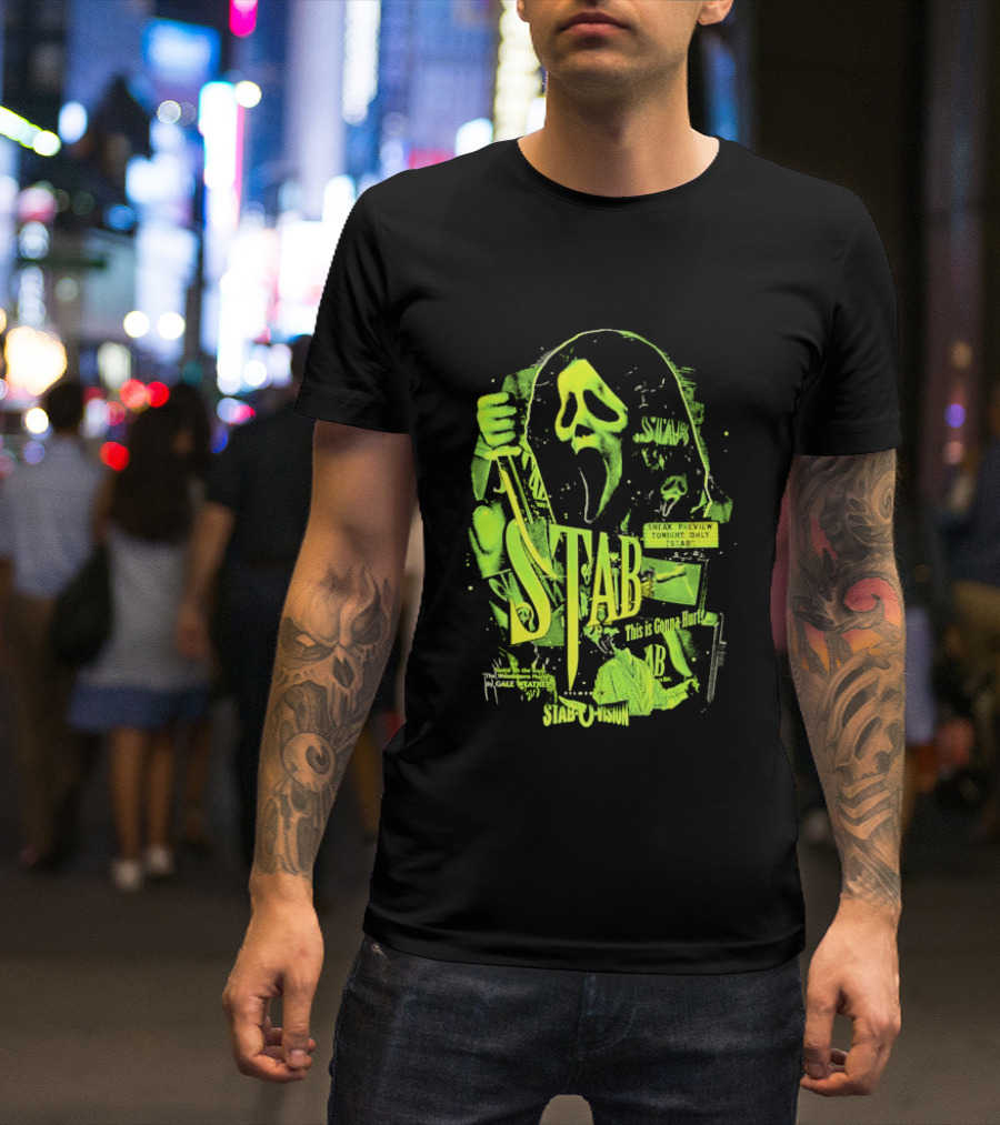 Ghostface Stab O Vision Horror Movie Mask Knife Graphic Neon T-Shirt
