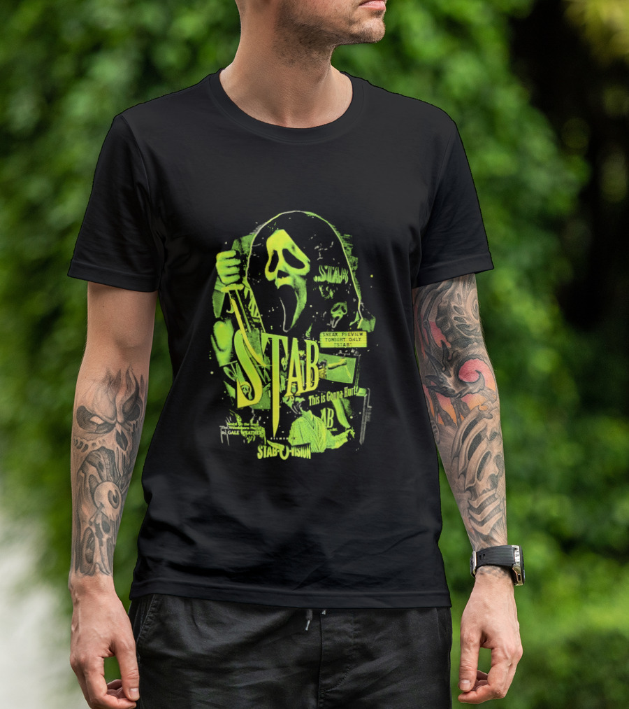 Ghostface Stab O Vision Horror Movie Mask Knife Graphic Neon T-Shirt