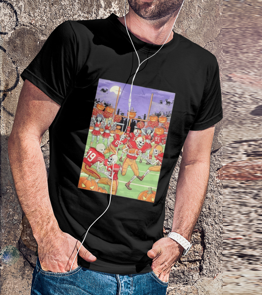 San Francisco 49ers Skeleton Football Halloween Pumpkin Cheerleaders Moon Cats T-Shirt