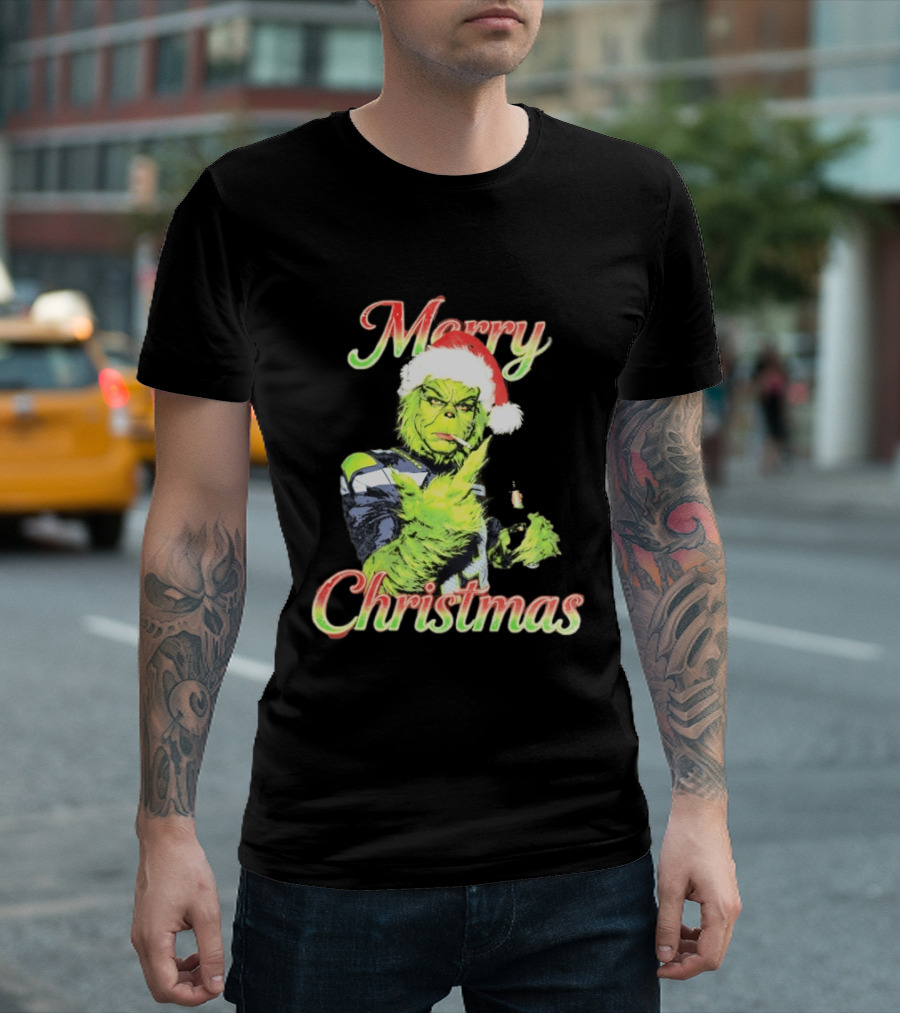 Merry Christmas Seattle Seahawks Grinch Beer Middle Finger T-Shirt
