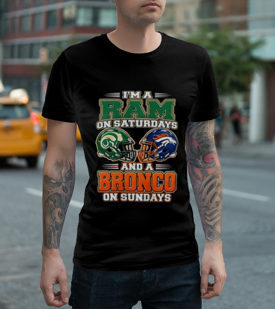 I'm A Ram On Saturdays And A Bronco On Sundays Football Helmets T-Shirt
