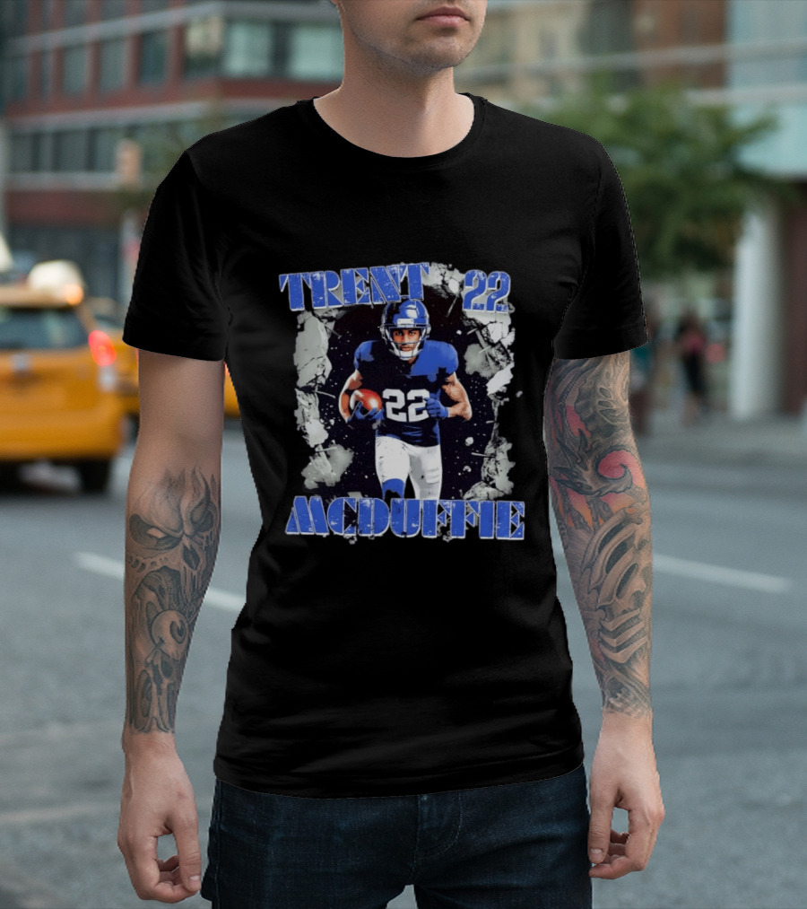 Trent McDuffie 22 Blue Football Player Action Los Angeles Rams Crush T-Shirt