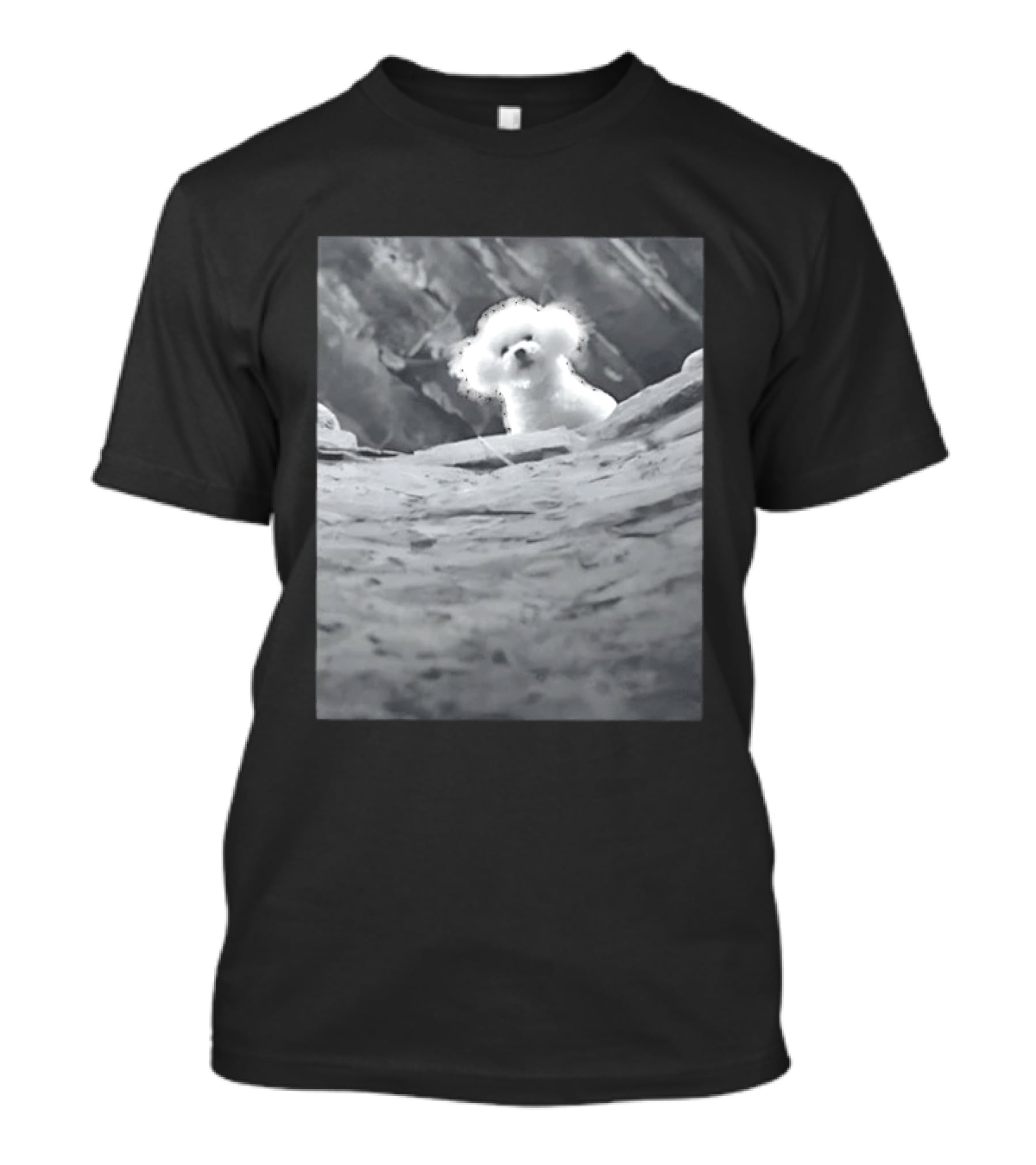 Peeking Fluffy Dog In Rocky Landscape T-Shirt