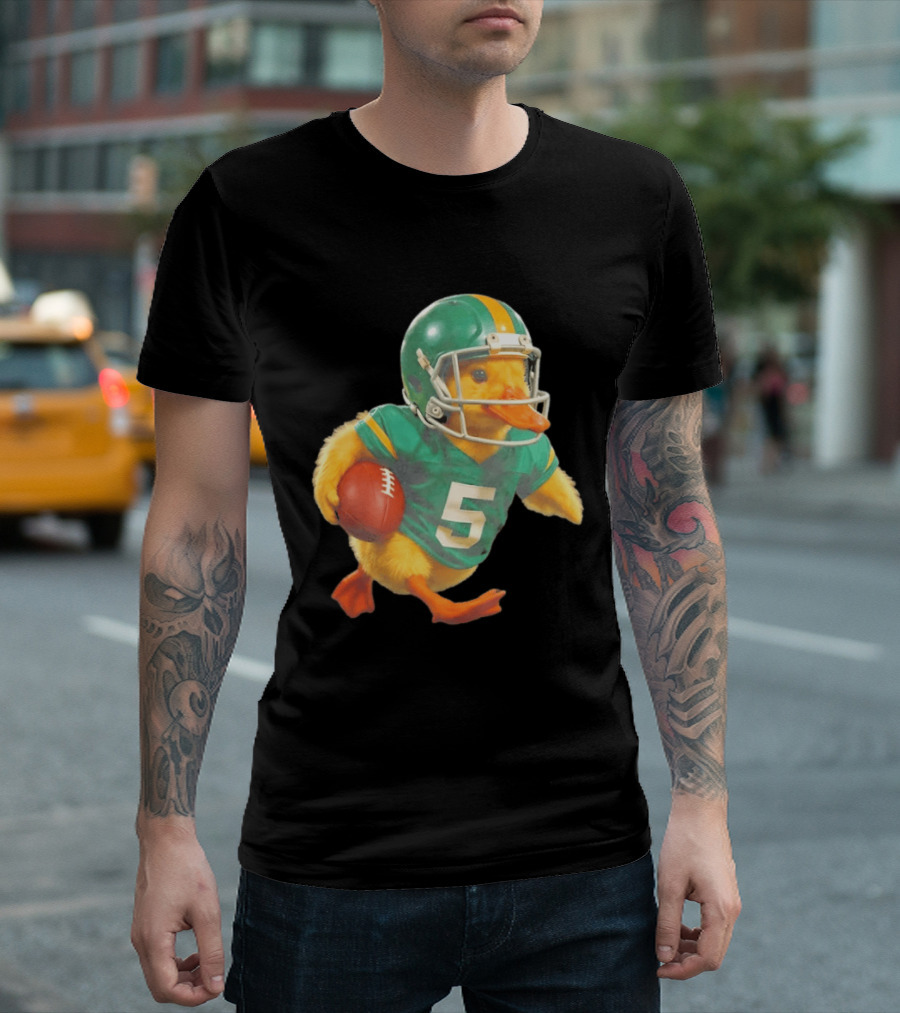 Yellow Duck Number 5 In Green Football Jersey With Helmet And Ball T-Shirt