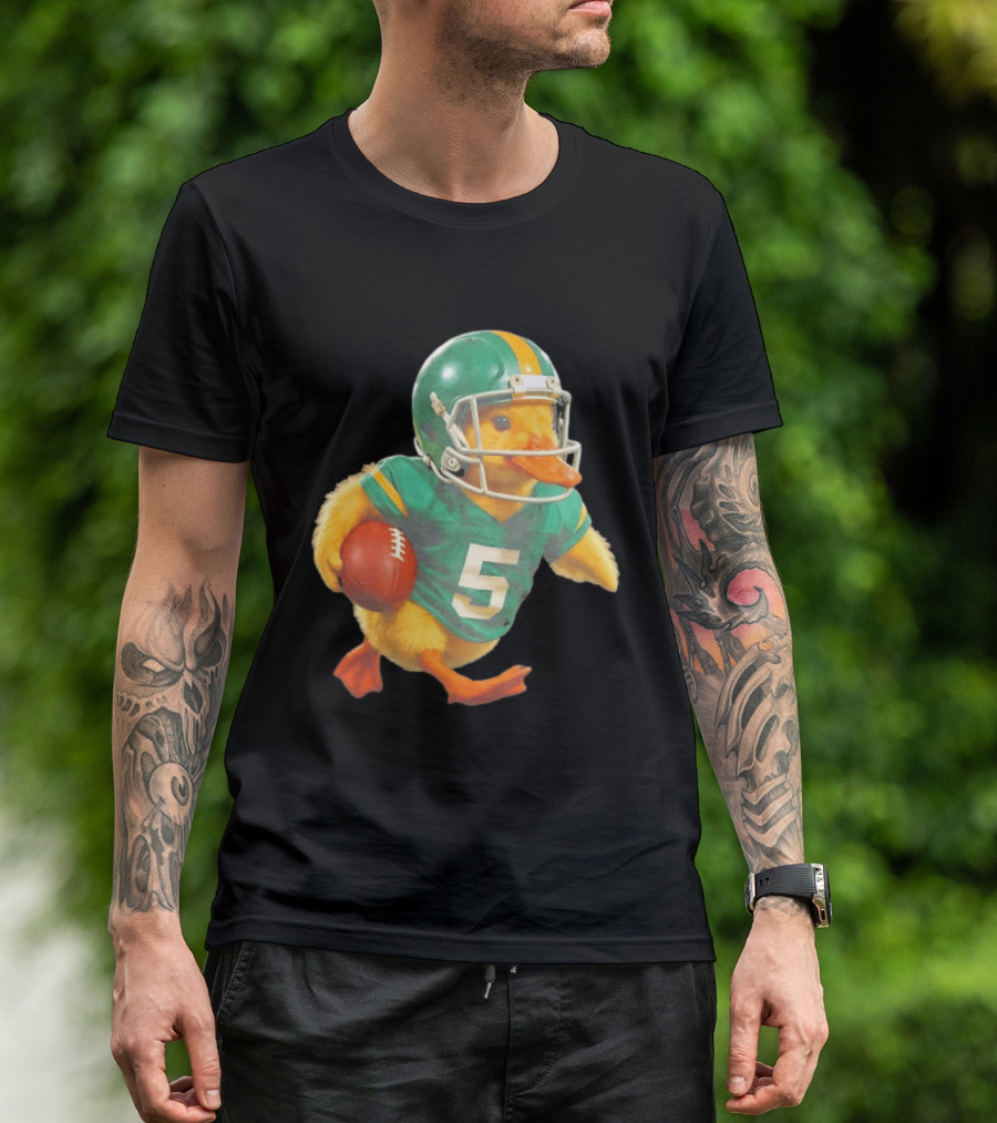 Yellow Duck Number 5 In Green Football Jersey With Helmet And Ball T-Shirt