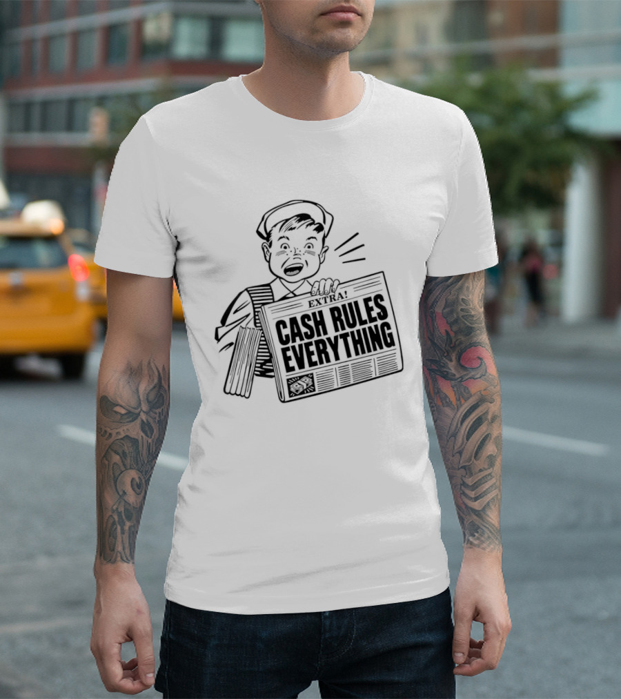 Cash Rules Everything Newspaper Boy Vintage Style Drawing T-Shirt