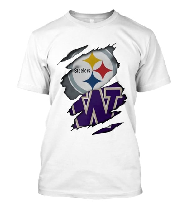 Pittsburgh Steelers Washington Huskies Ripped Logo Collaboration T-Shirt