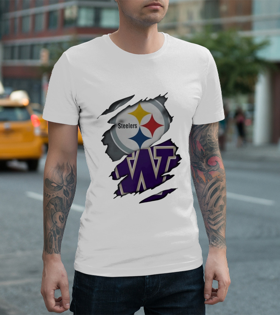 Pittsburgh Steelers Washington Huskies Ripped Logo Collaboration T-Shirt