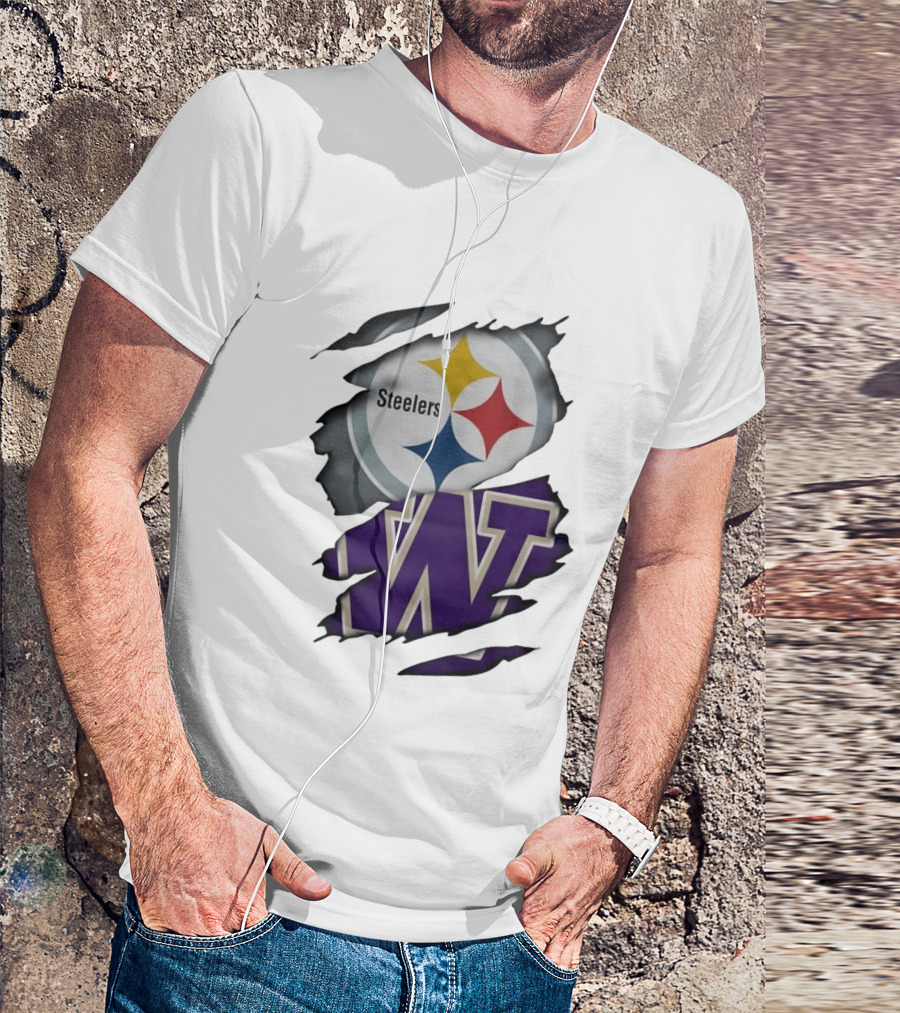 Pittsburgh Steelers Washington Huskies Ripped Logo Collaboration T-Shirt