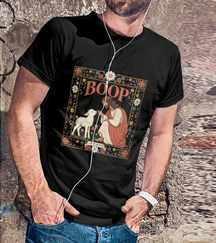 BOOP Luke 15:4 6 Jesus Kneeling Touching Nose Of White Lamb T-Shirt