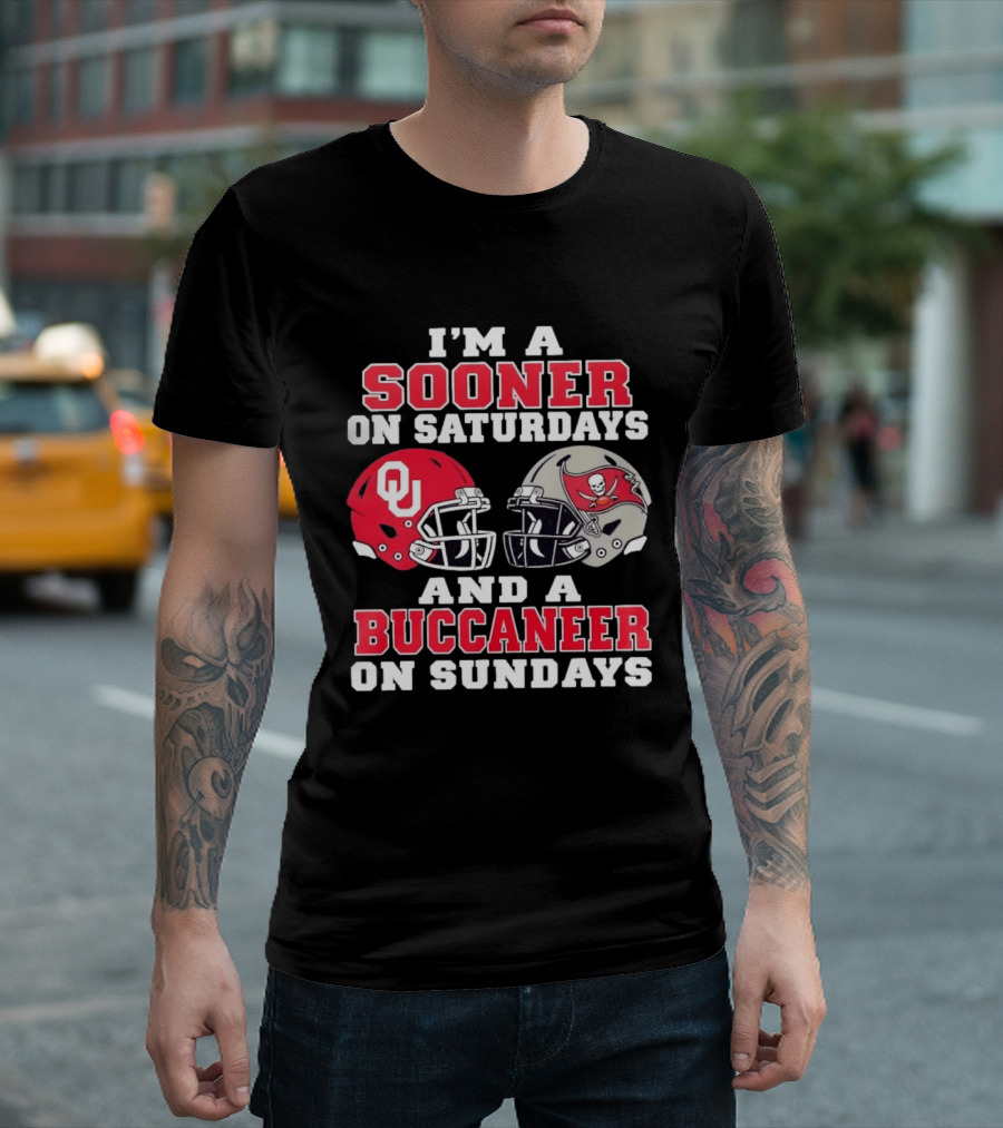 I'm A Sooner On Saturdays And A Buccaneer On Sundays Football Helmets OU Tampa Bay T-Shirt