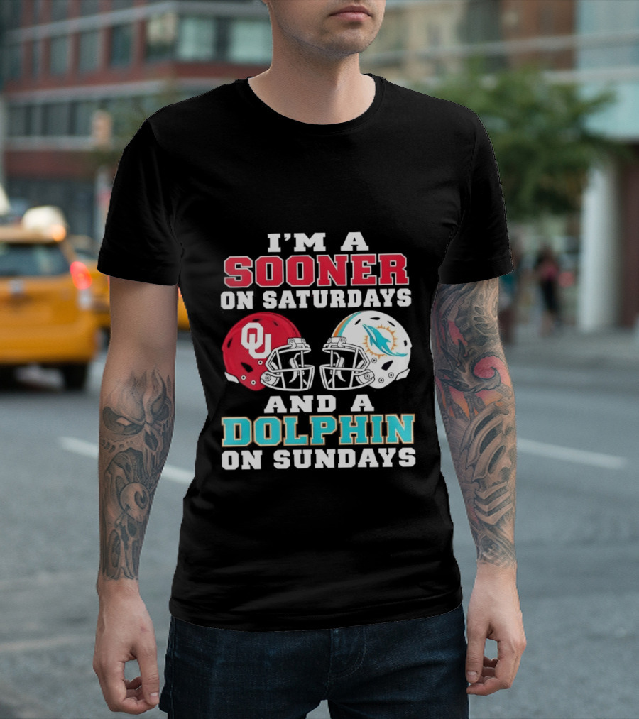 I'm A Sooner On Saturdays And A Dolphin On Sundays Football Helmets OU Miami T-Shirt