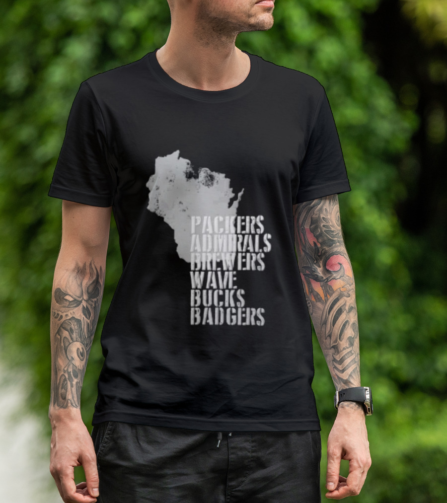 Packers Admirals Brewers Wave Bucks Badgers Wisconsin State Map Stencil T-Shirt