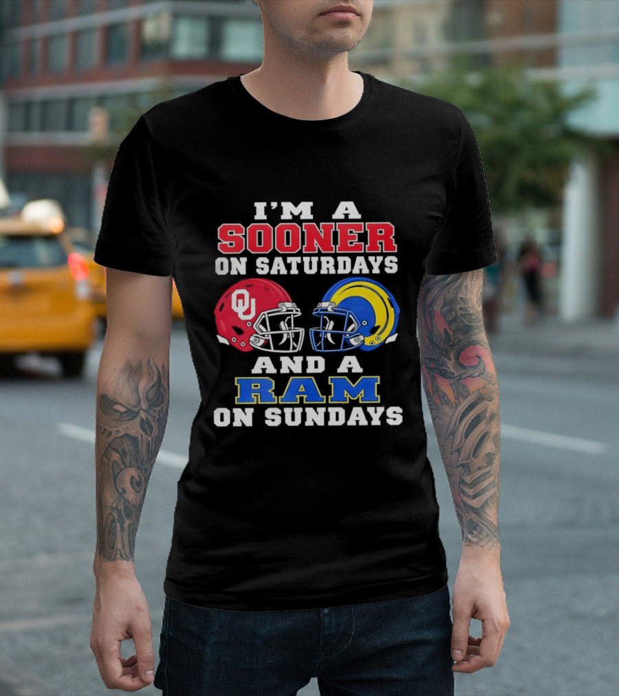 I'm A Sooner On Saturdays And A Ram On Sundays Football Helmets OU And Rams Fans T-Shirt