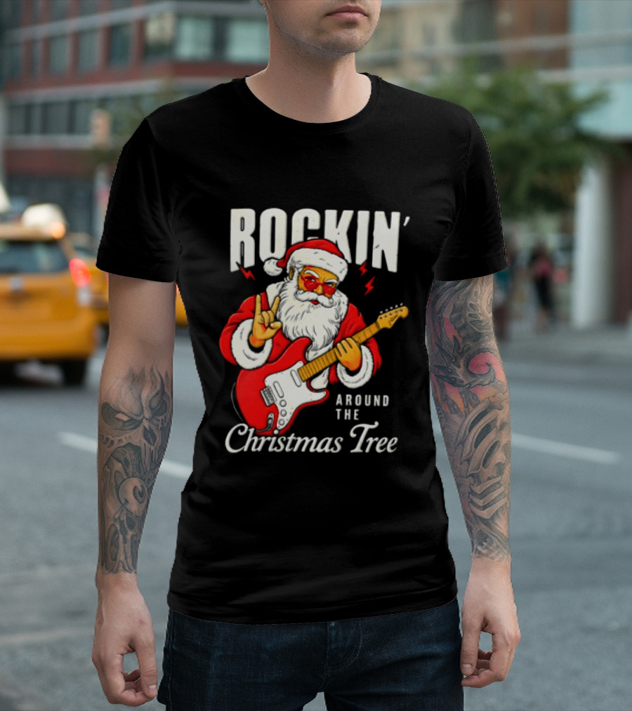 Rockin' Santa Christmas Tree Guitar Holiday T-Shirt