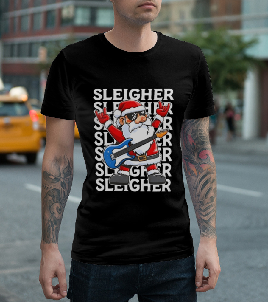 Sleigher Christmas Santa Rocking Guitar Holiday T-Shirt