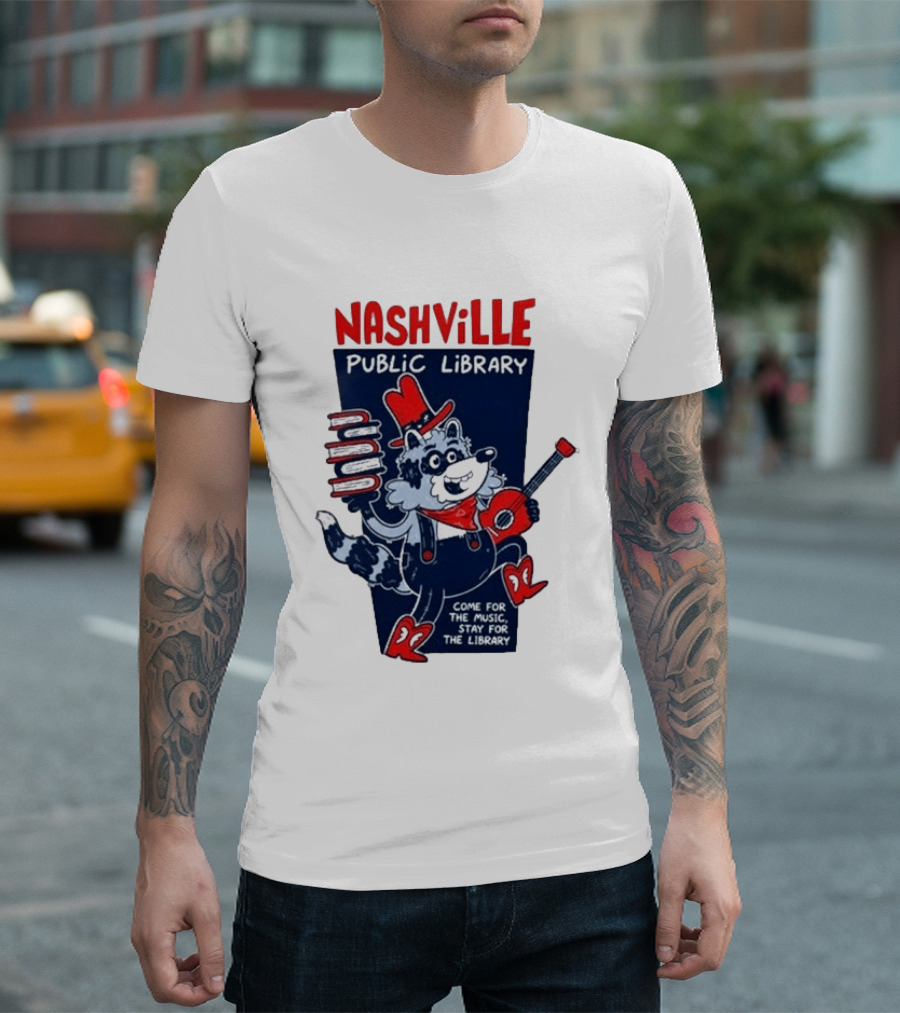 Nashville Public Library Come For The Music Stay For The Library Books Guitar Raccoon T-Shirt