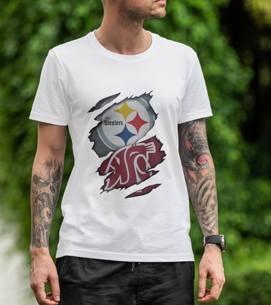 Pittsburgh Steelers Washington State Cougars Ripped Fabric T-Shirt