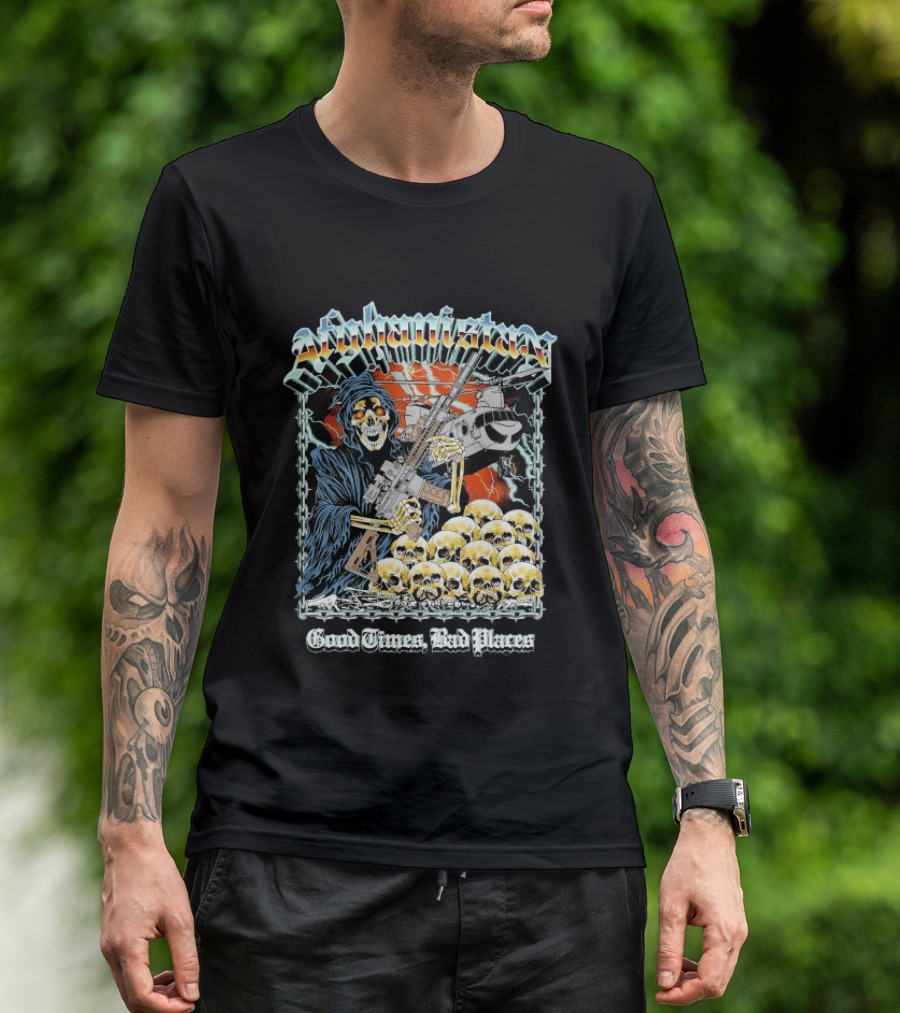 Afghanistan Chrome Skull With Helicopter Good Times Bad Places T-Shirt
