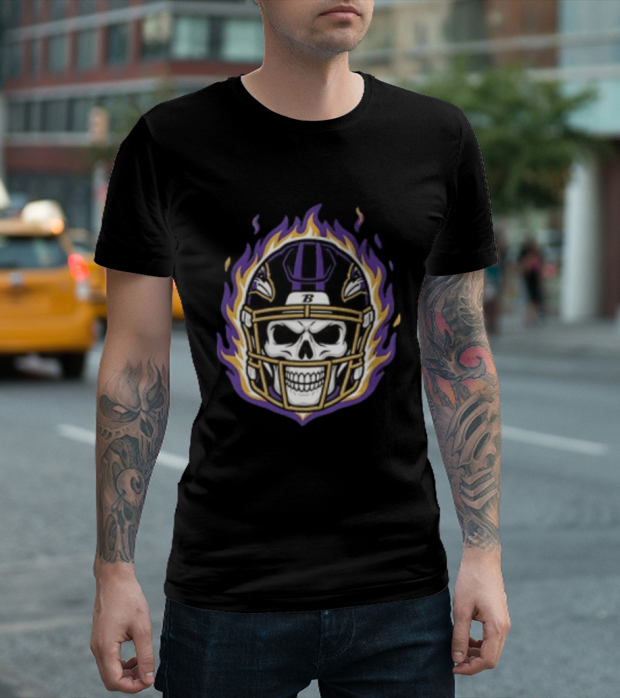 Baltimore Ravens Skeleton Flaming Helmet Football Player Lamar Jackson T-Shirt
