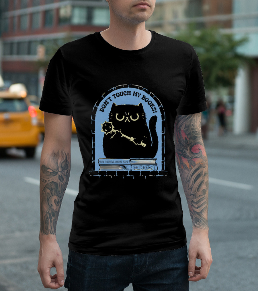 Black Cat Don't Touch My Books Illustration With Mace And Stacked Books T-Shirt