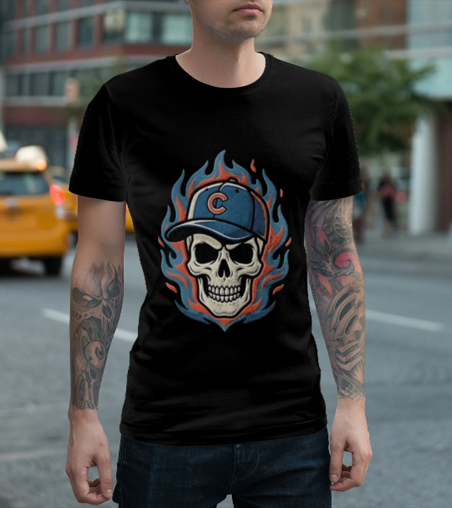 Chicago Cubs Skull Cap Flames T-Shirt