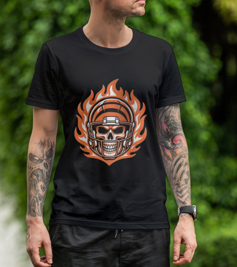 Cincinnati Bengals Skeleton Football Player Flaming Helmet T-Shirt