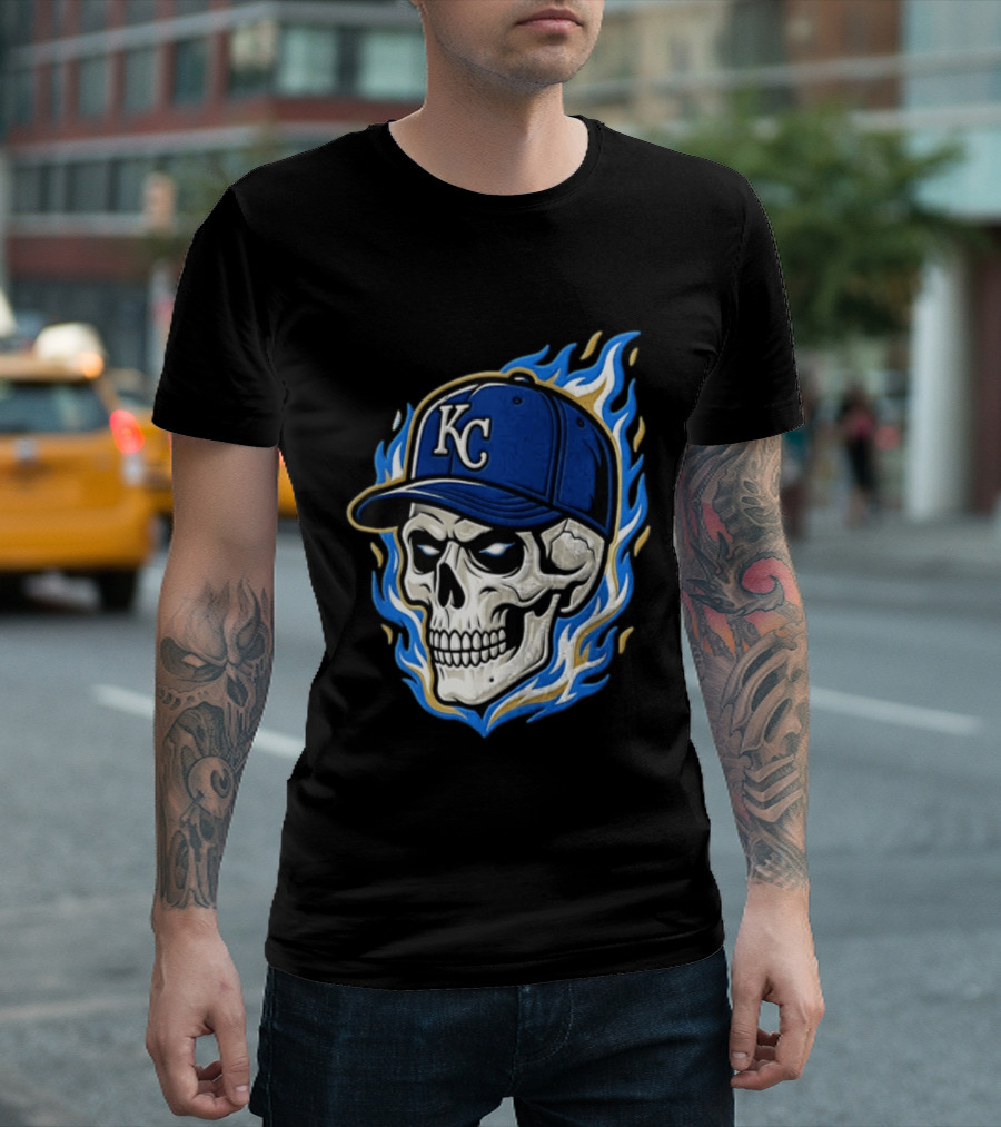 Kansas City Royals Skull Baseball Cap Flame T-Shirt