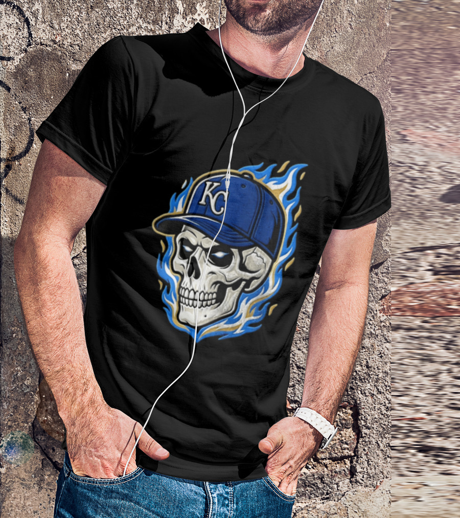 Kansas City Royals Skull Baseball Cap Flame T-Shirt