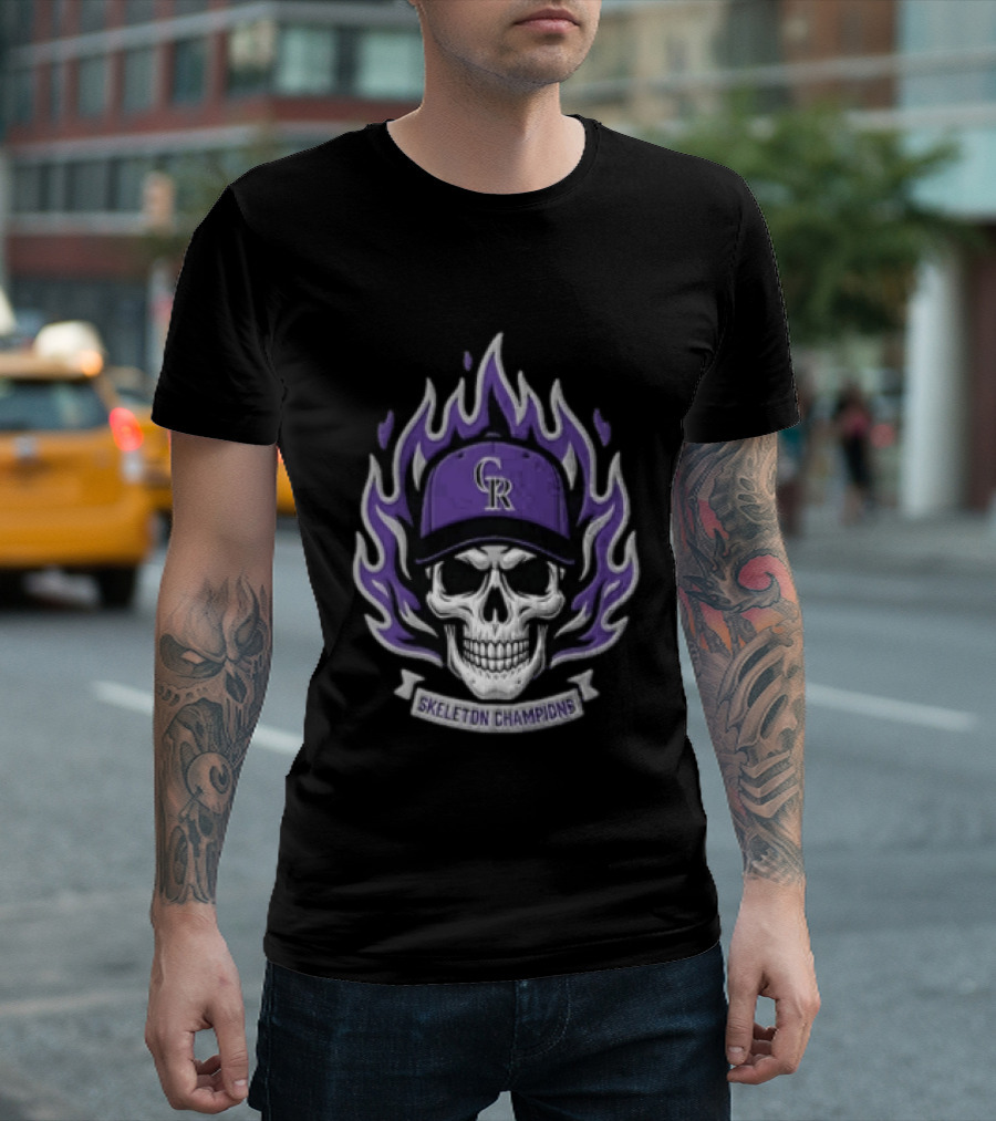 Colorado Rockies Skeleton Champions Skull In Baseball Cap With Purple Flames T-Shirt