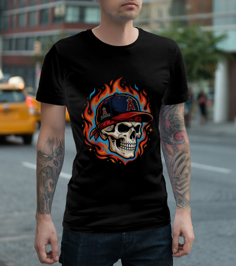 Los Angeles Angels Skull In Baseball Cap With Flames T-Shirt