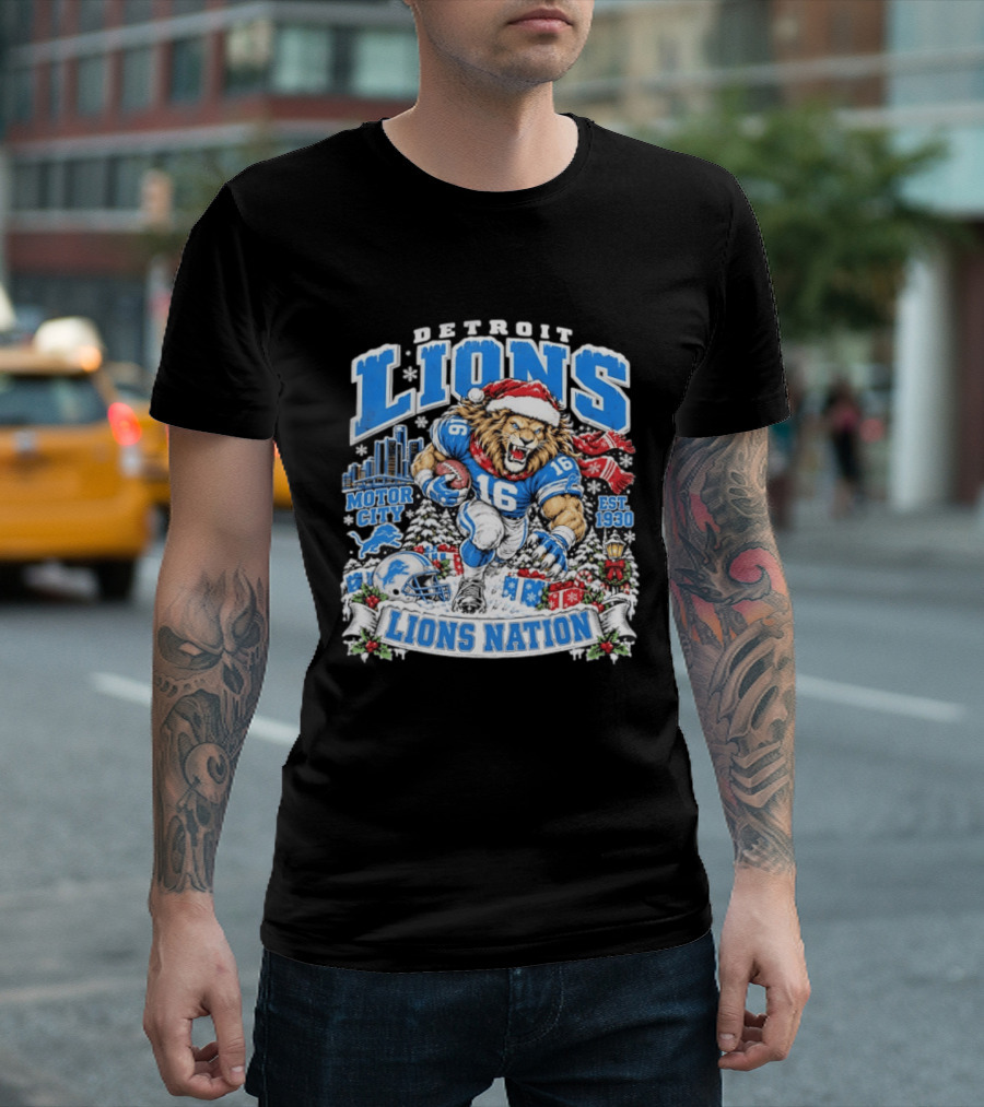 Detroit Lions Nation Christmas Motor City Est 1930 Santa Hat Football T-Shirt
