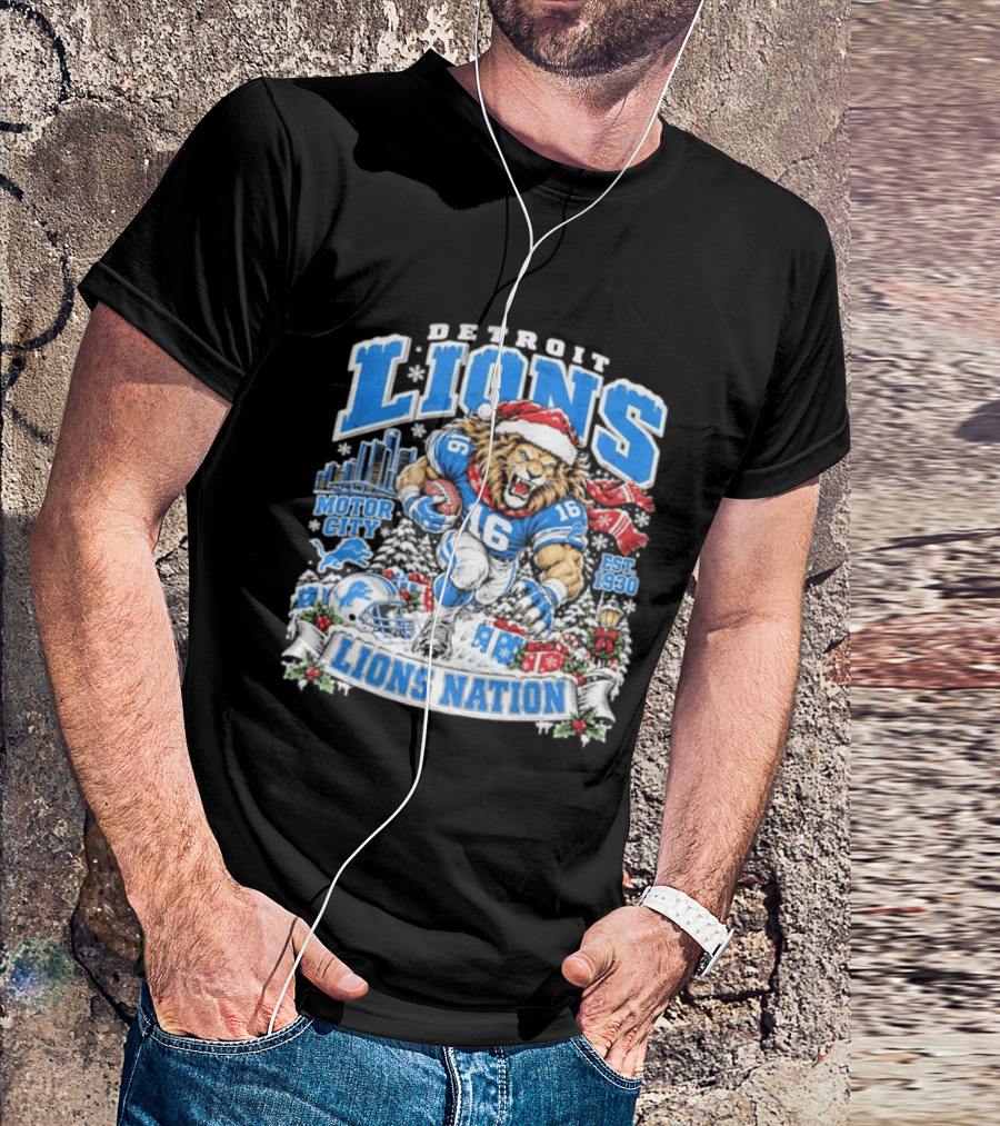 Detroit Lions Nation Christmas Motor City Est 1930 Santa Hat Football T-Shirt