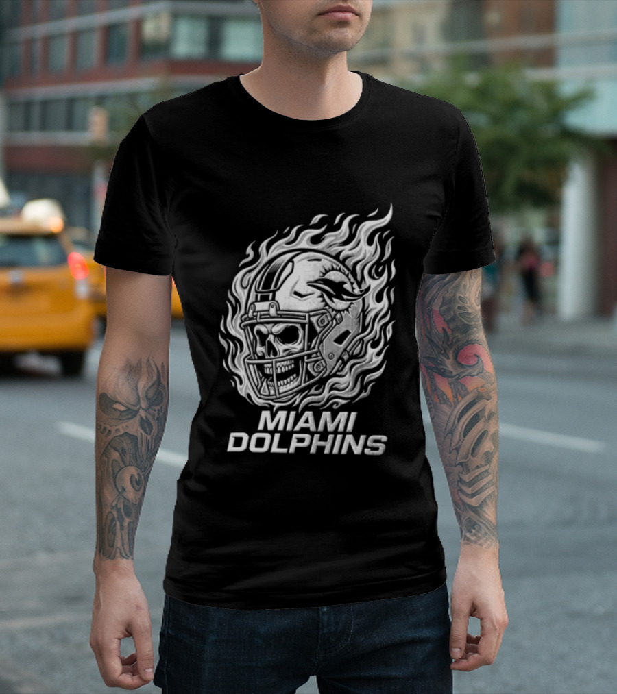 Miami Dolphins Fiery Skeleton Helmet T-Shirt