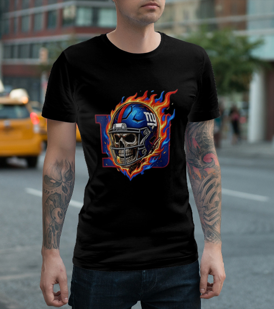 New York Giants Eli Manning Skeleton Flaming Helmet NFL T-Shirt