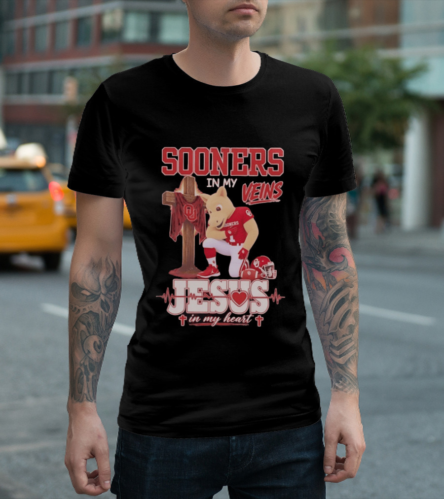 Oklahoma Sooners In My Veins Jesus In My Heart Football Mascot And Cross T-Shirt