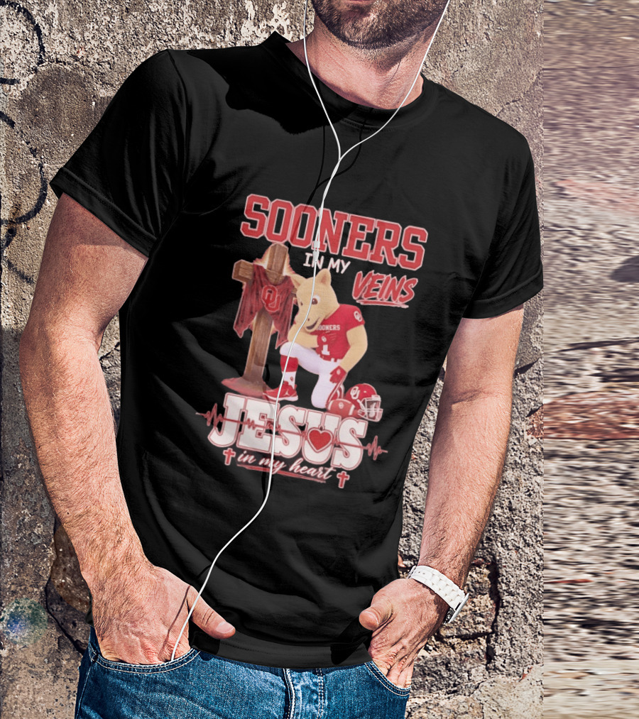 Oklahoma Sooners In My Veins Jesus In My Heart Football Mascot And Cross T-Shirt