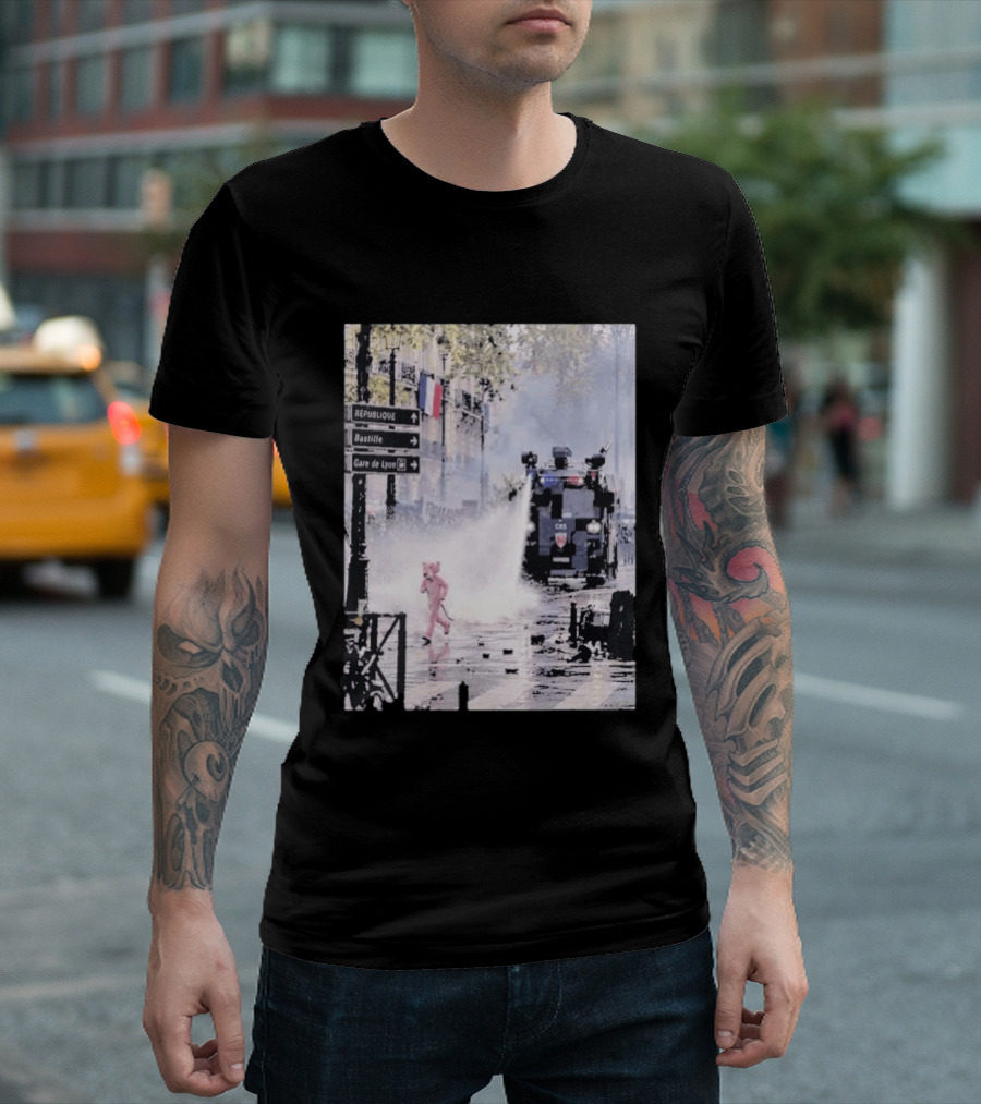Pink Panther France 2026 Running Through Streets Under Riot Control Water Cannon T-Shirt