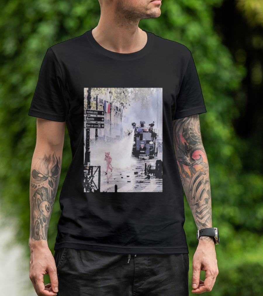 Pink Panther France 2026 Running Through Streets Under Riot Control Water Cannon T-Shirt