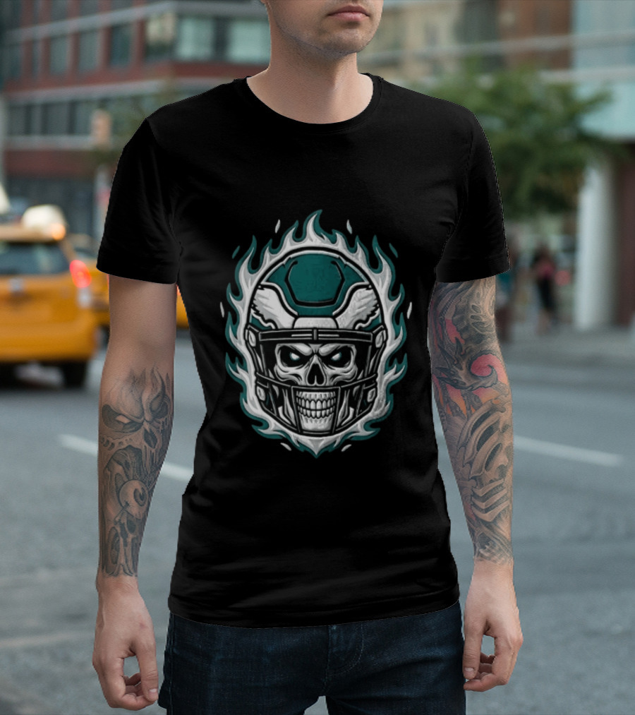 Philadelphia Eagles Flaming Skeleton Skull Football Helmet T-Shirt