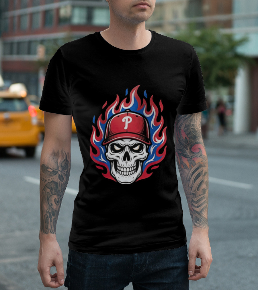 Philadelphia Phillies Skull Baseball Cap Flames T-Shirt